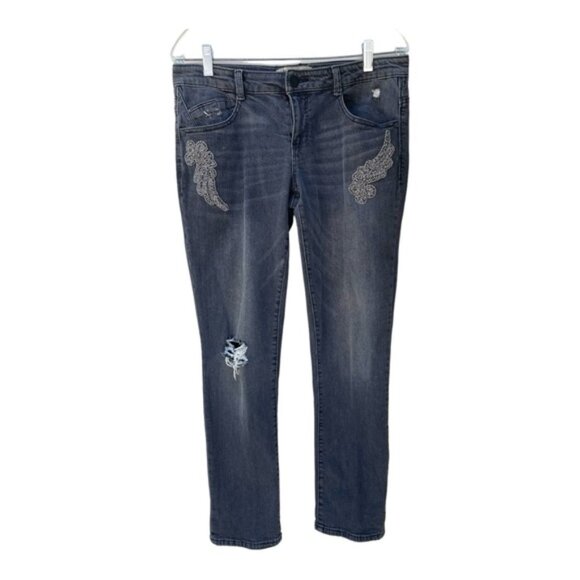 Democracy Womens Distressed Black Straight Angle Wing Detailing Jeans Sz 4 - Picture 1 of 6